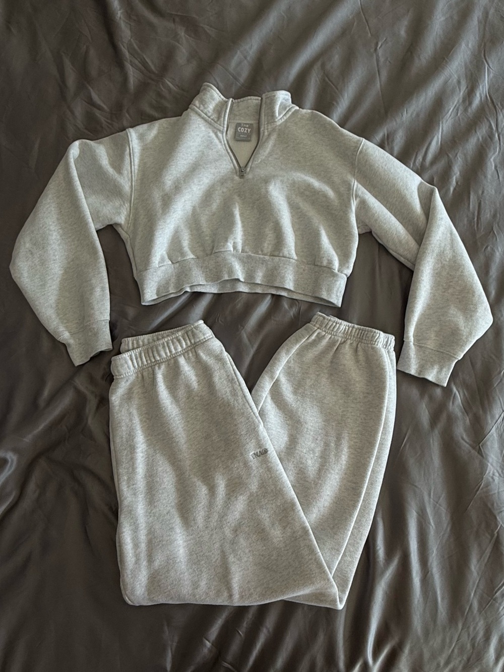 TNA Cozy Fleece Perfect ¼ Zip & Mega Sweatpant - Heather Cloud White, M